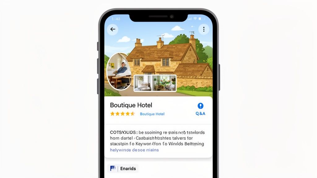 Smartphone app showing a "Boutique Hotel" profile with images, rating, and Q&A section.