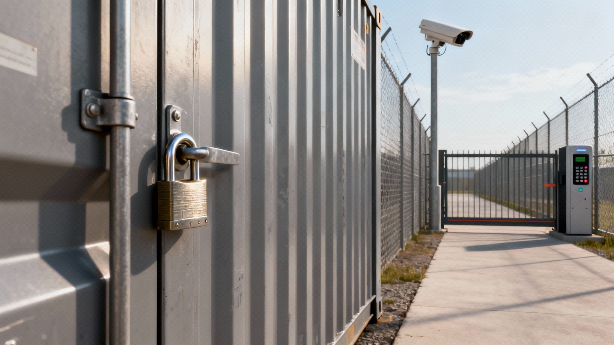 A secure storage facility with a locked container, security fence, camera, and access gate.