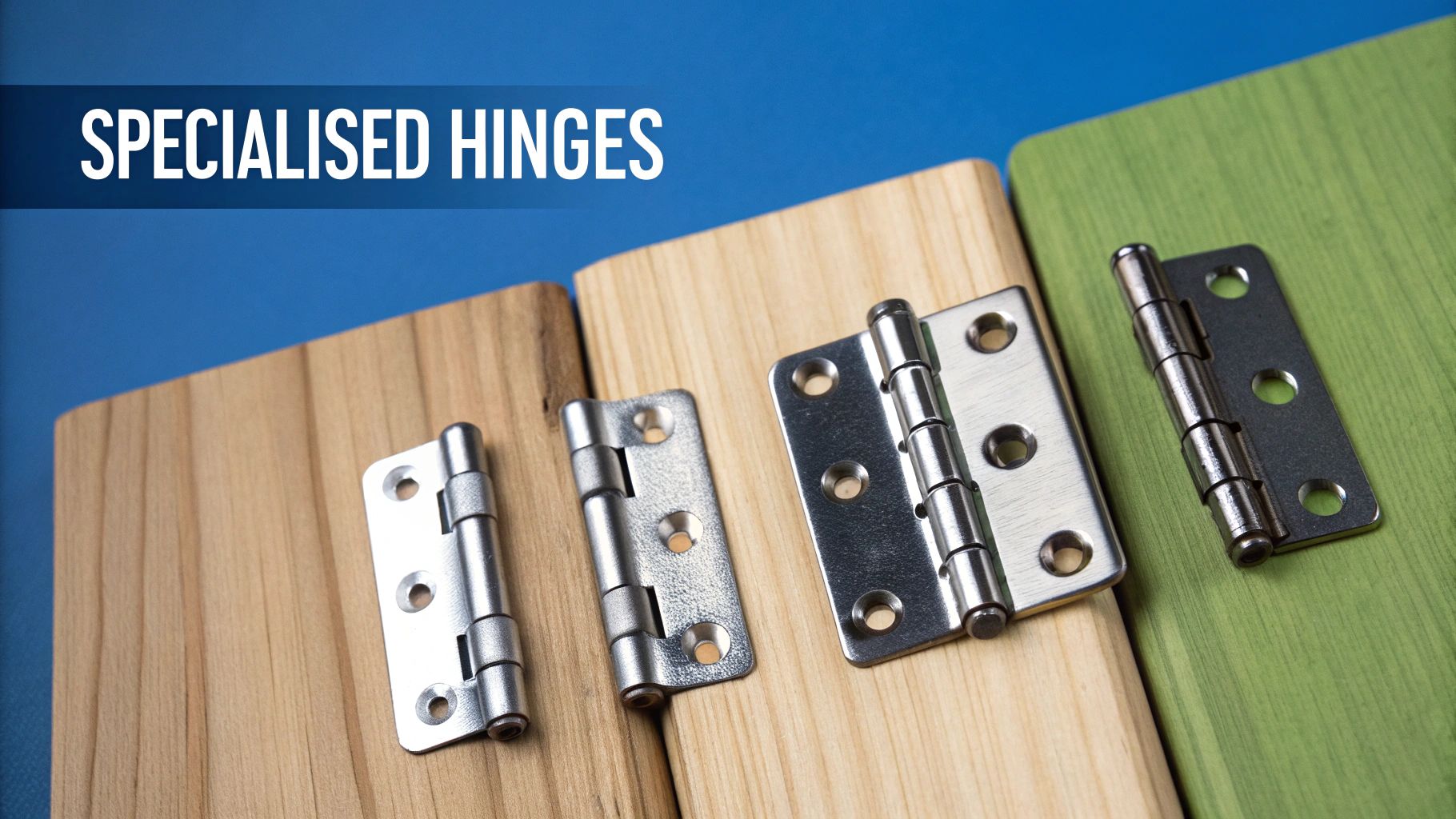 A pair of specialised hinges with visible springs mounted on a wooden door frame.