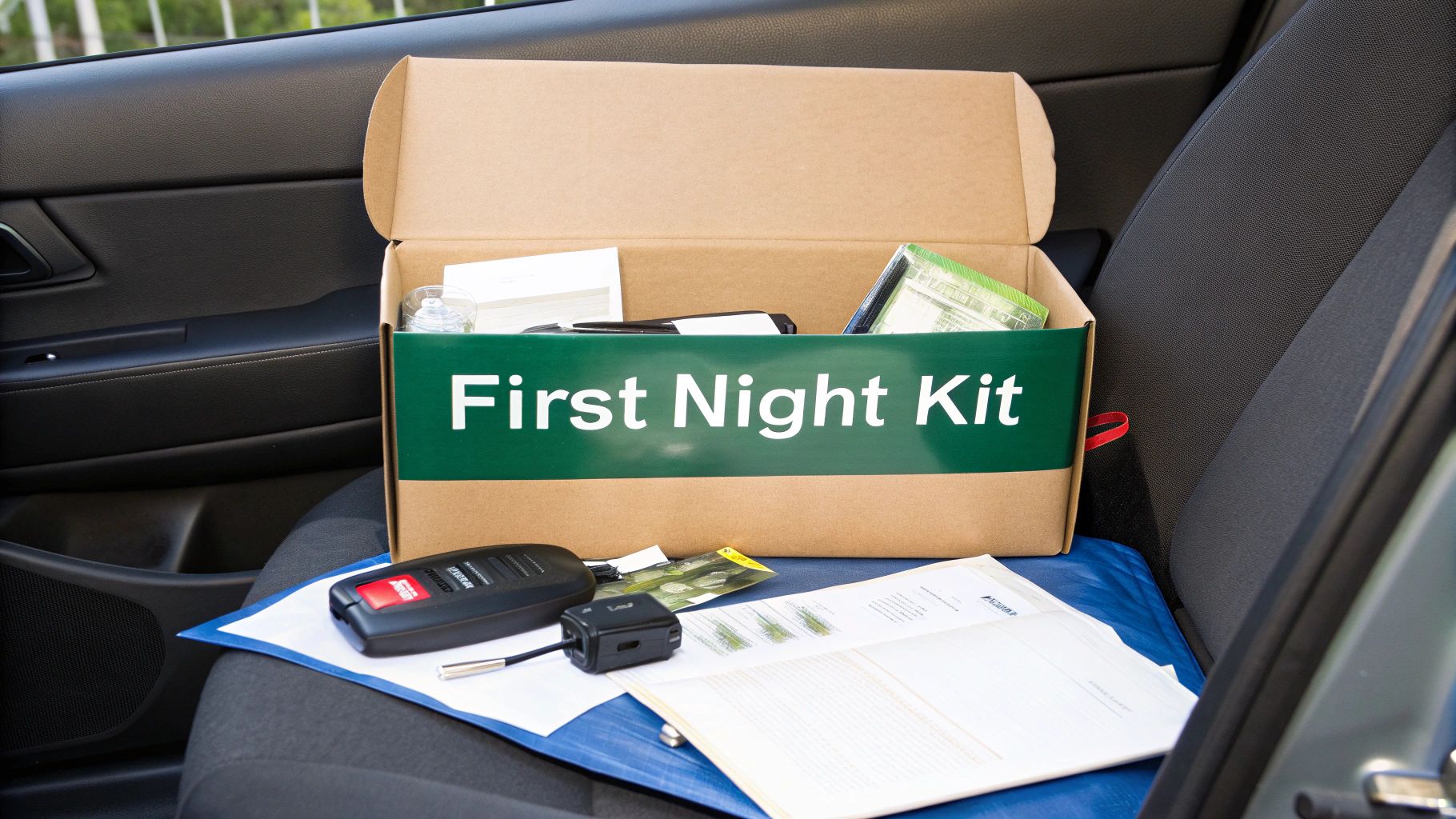 A 'First Night Kit' cardboard box filled with essentials sits on a car passenger seat.