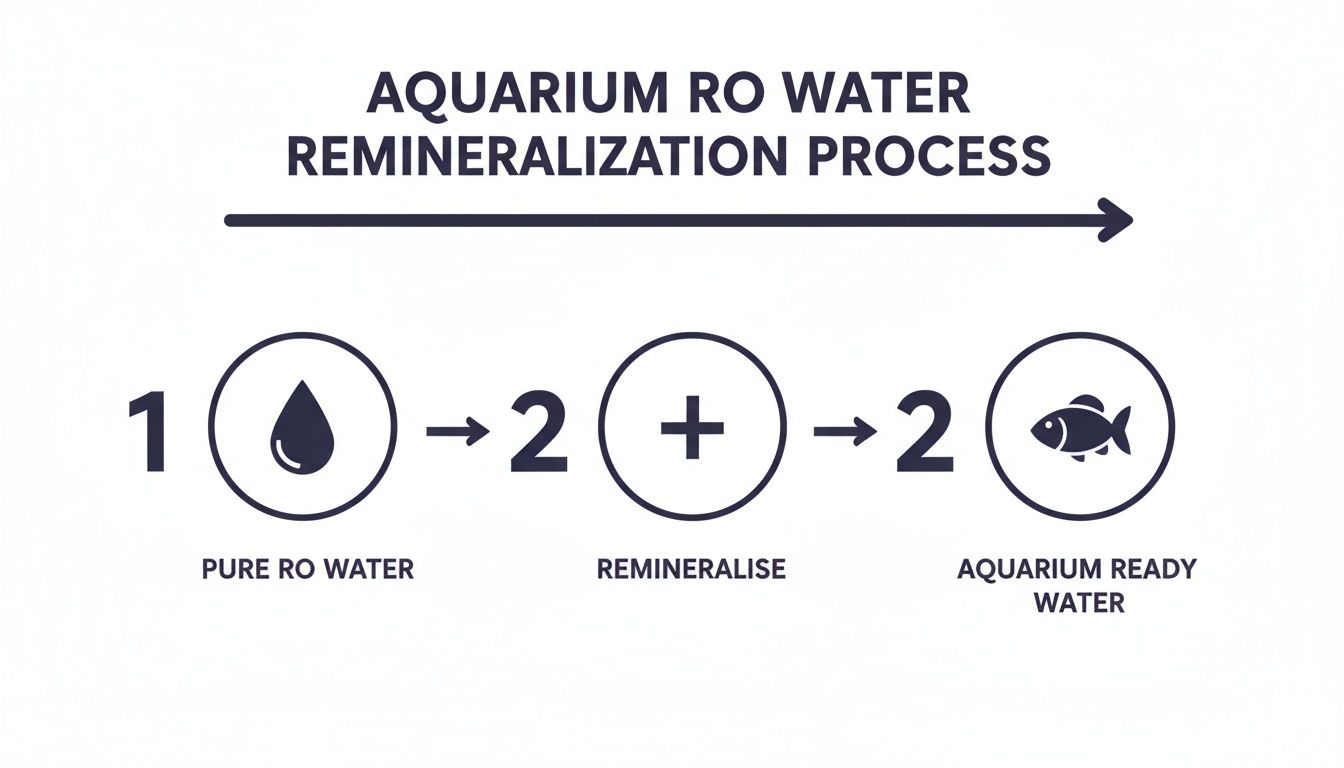 Visual guide to the aquarium RO water remineralization process for preparing fish tank water.