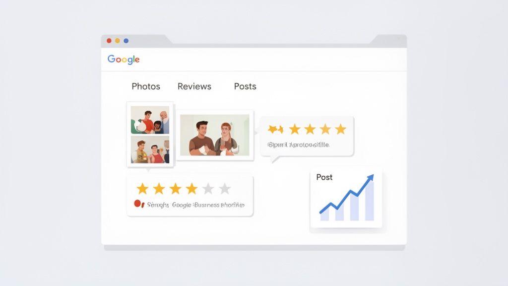 A Google browser window displaying a business profile with sections for photos, customer reviews, and performance metrics.