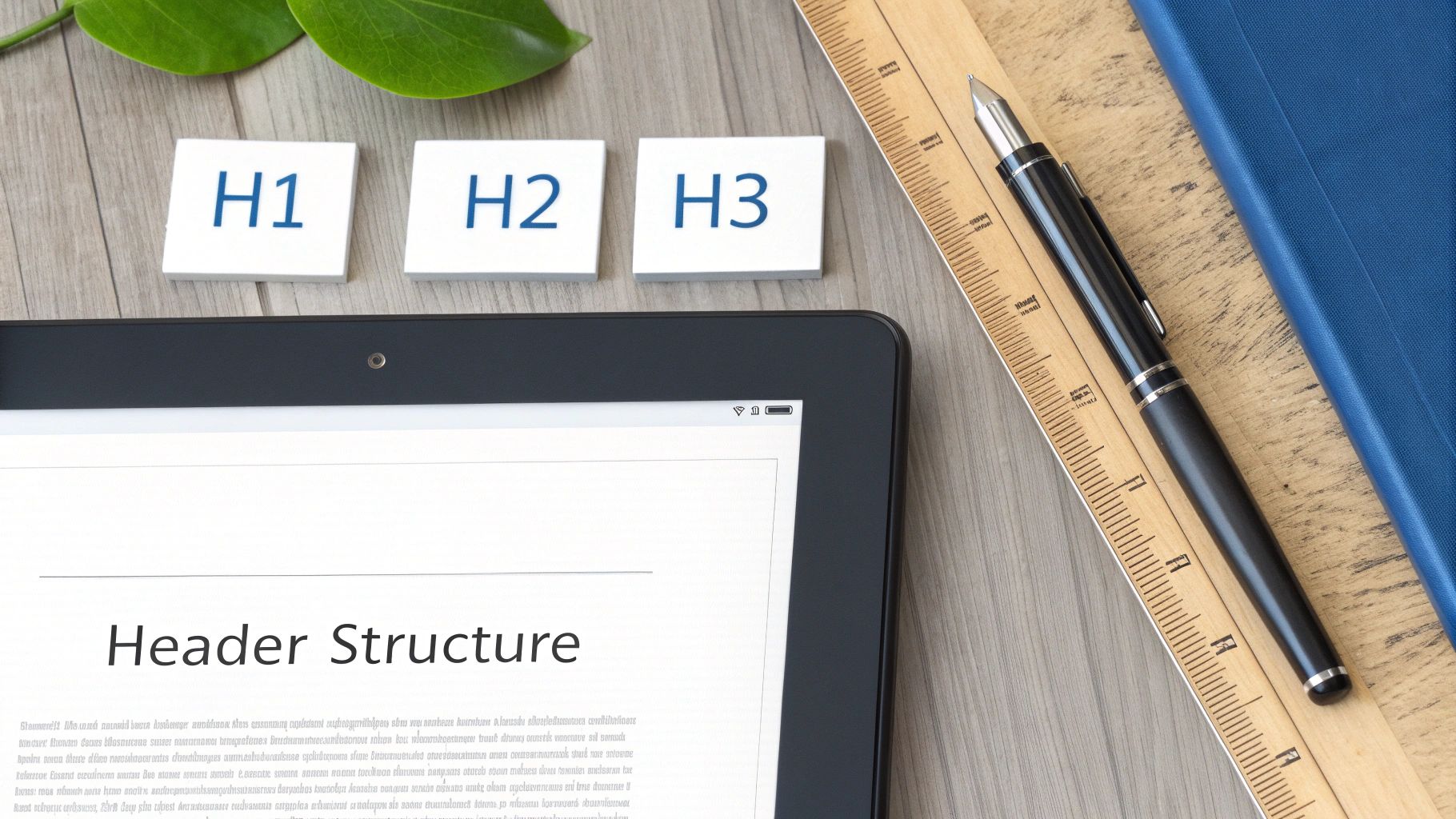 A tablet shows 'Header Structure' with H1, H2, H3 blocks, representing SEO hierarchy.