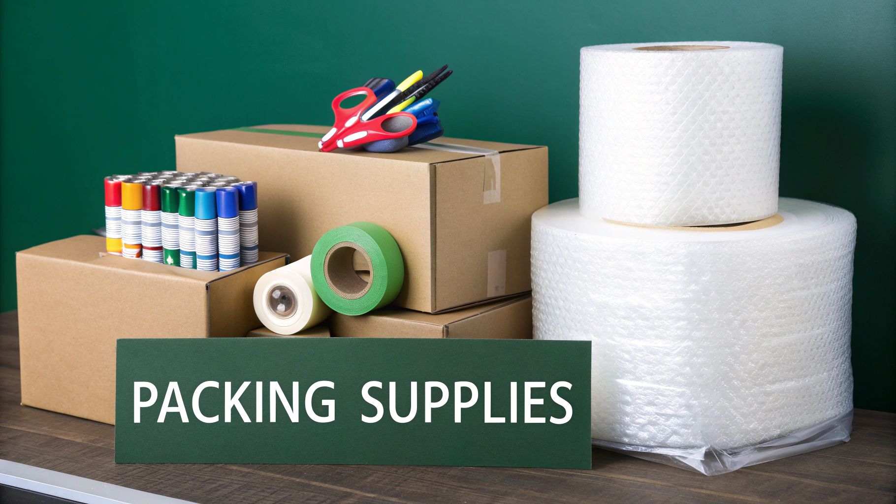 A collection of packing supplies including cardboard boxes, bubble wrap rolls, colorful markers, tape, and scissors, with a 'PACKING SUPPLIES' sign.