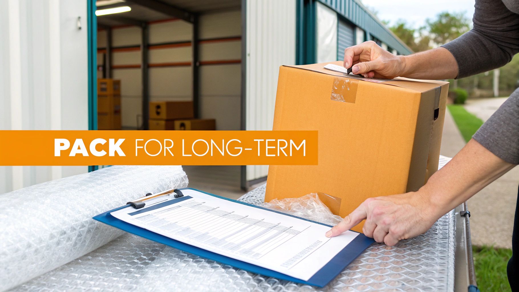 A person is packing a cardboard box, applying a label, with bubble wrap and a checklist nearby, preparing for long-term storage.