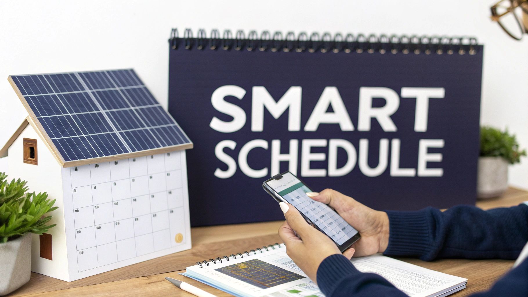A calendar icon superimposed over a clean solar panel array.
