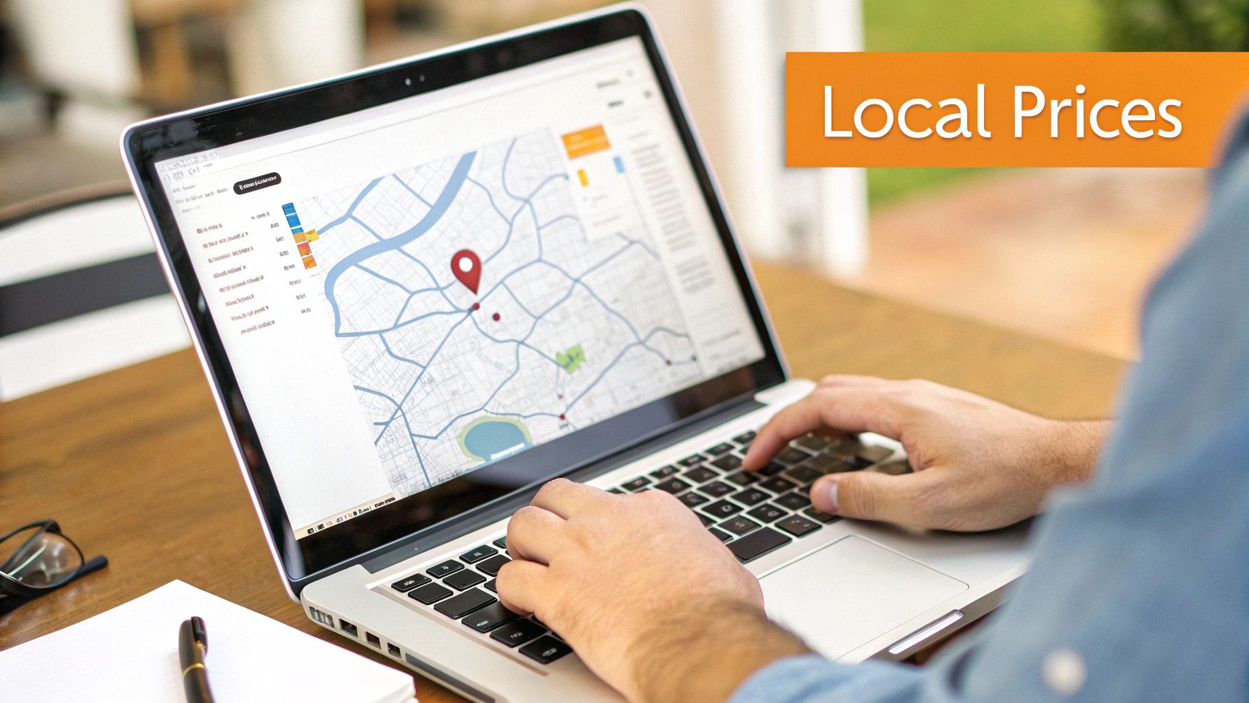 A person uses a laptop displaying a map with a location pin and data bars, next to a 'Local Prices' banner.