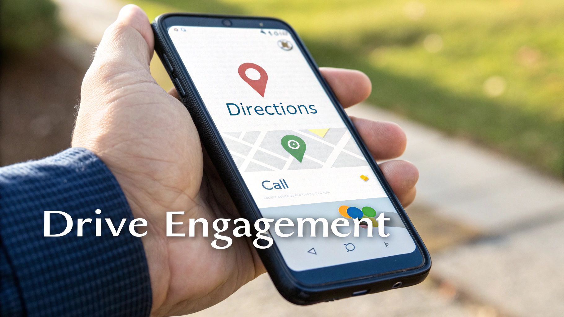 A hand holds a smartphone displaying map directions and call options, with 'Drive Engagement' text.