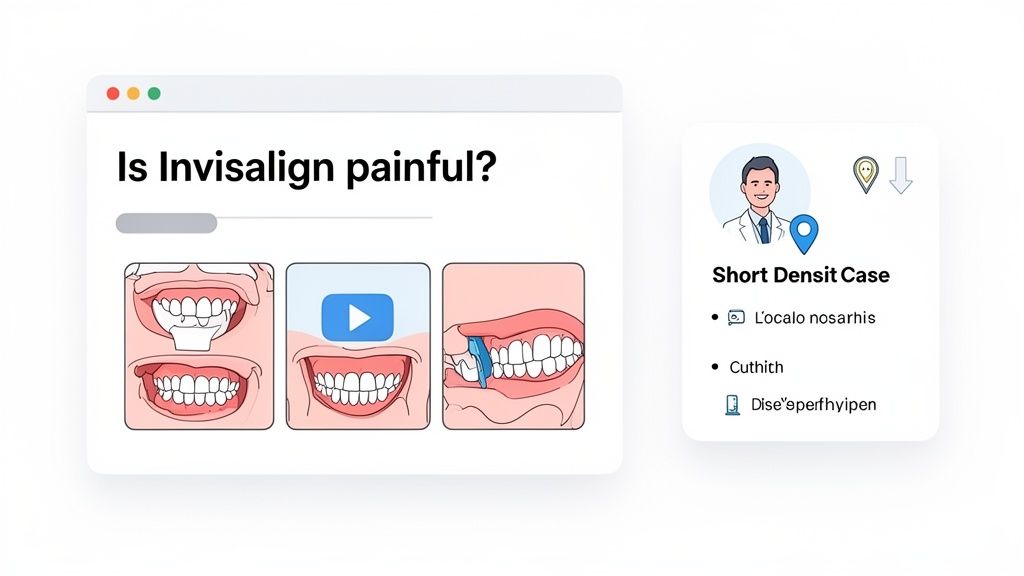 Web page discussing Invisalign pain with dental illustrations and a doctor's case study on a short densit case.