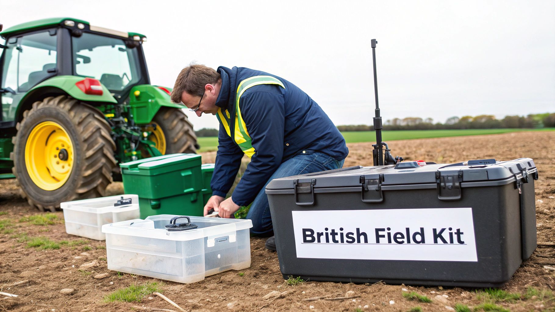 A man in a high-visibility vest works with a British Field Kit in a bare farm field, with a green tractor in the background.