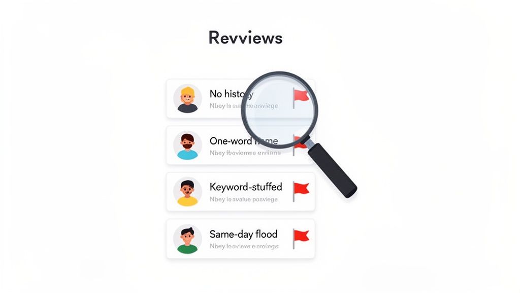 Illustration showing characteristics of suspicious online reviews being flagged under a magnifying glass.