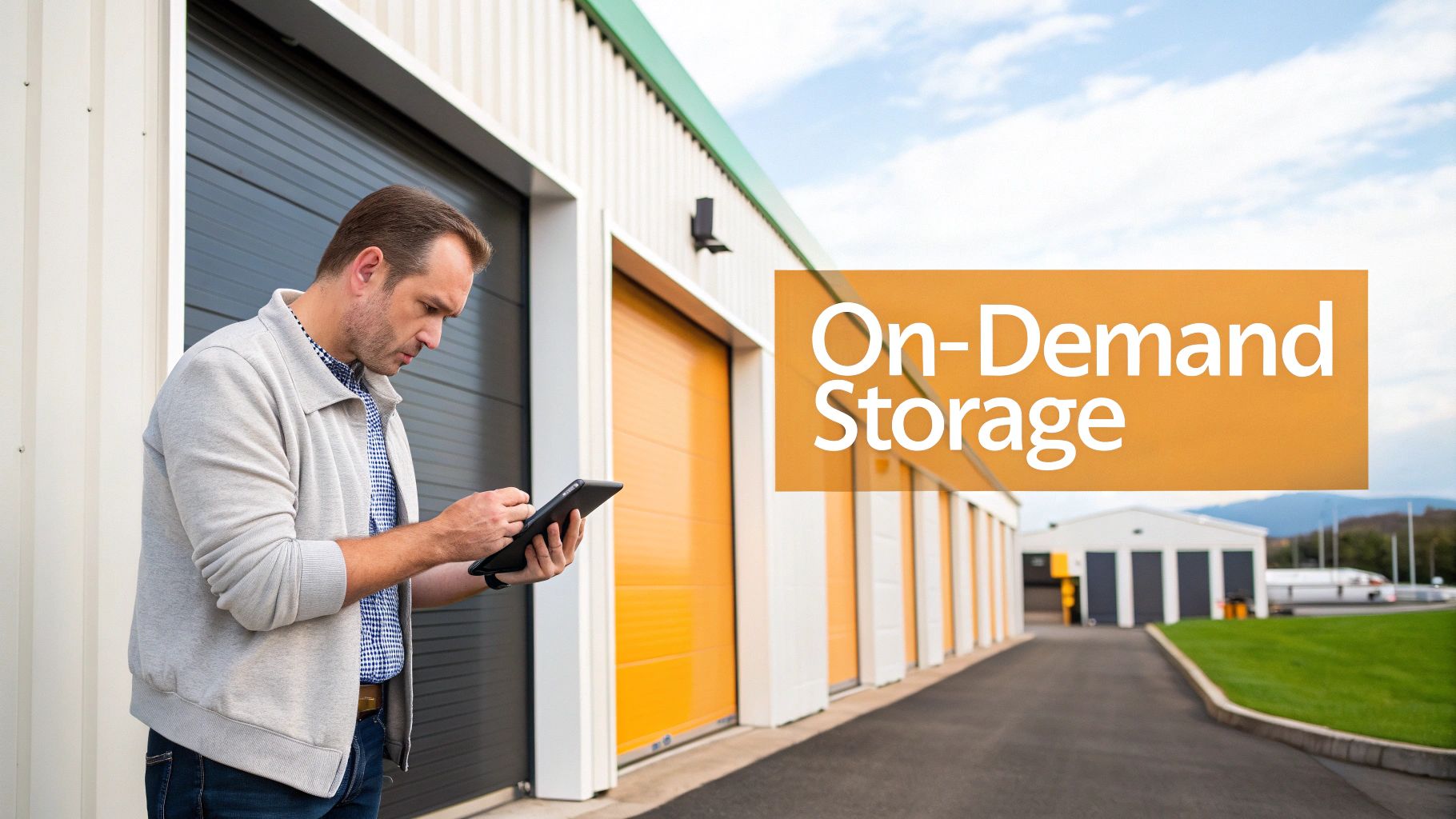 Man using tablet outside self storage facility with on-demand storage sign and orange unit doors