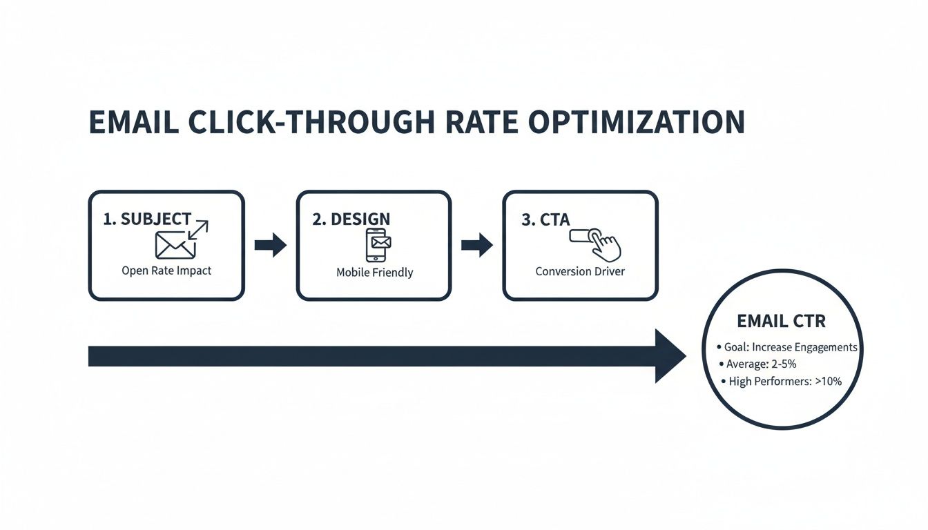 Email click-through rate optimization steps: subject, mobile-friendly design, and call to action, aiming for higher engagement.