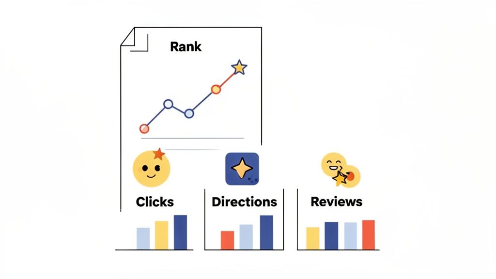 Visual representation of local SEO analytics showing improved rank, clicks, directions, and reviews.
