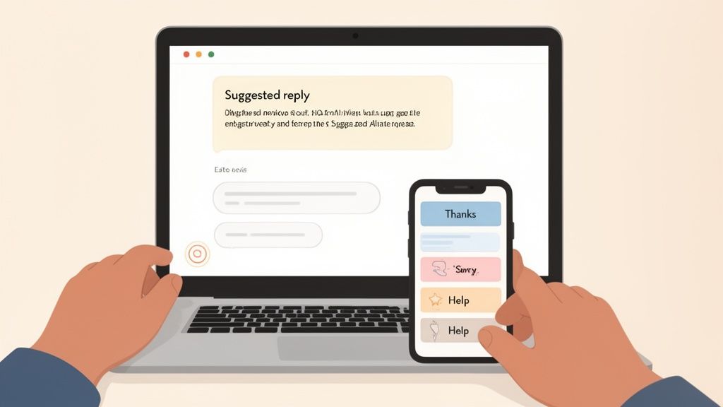 A person's hands interact with a laptop and smartphone displaying chat suggested replies.