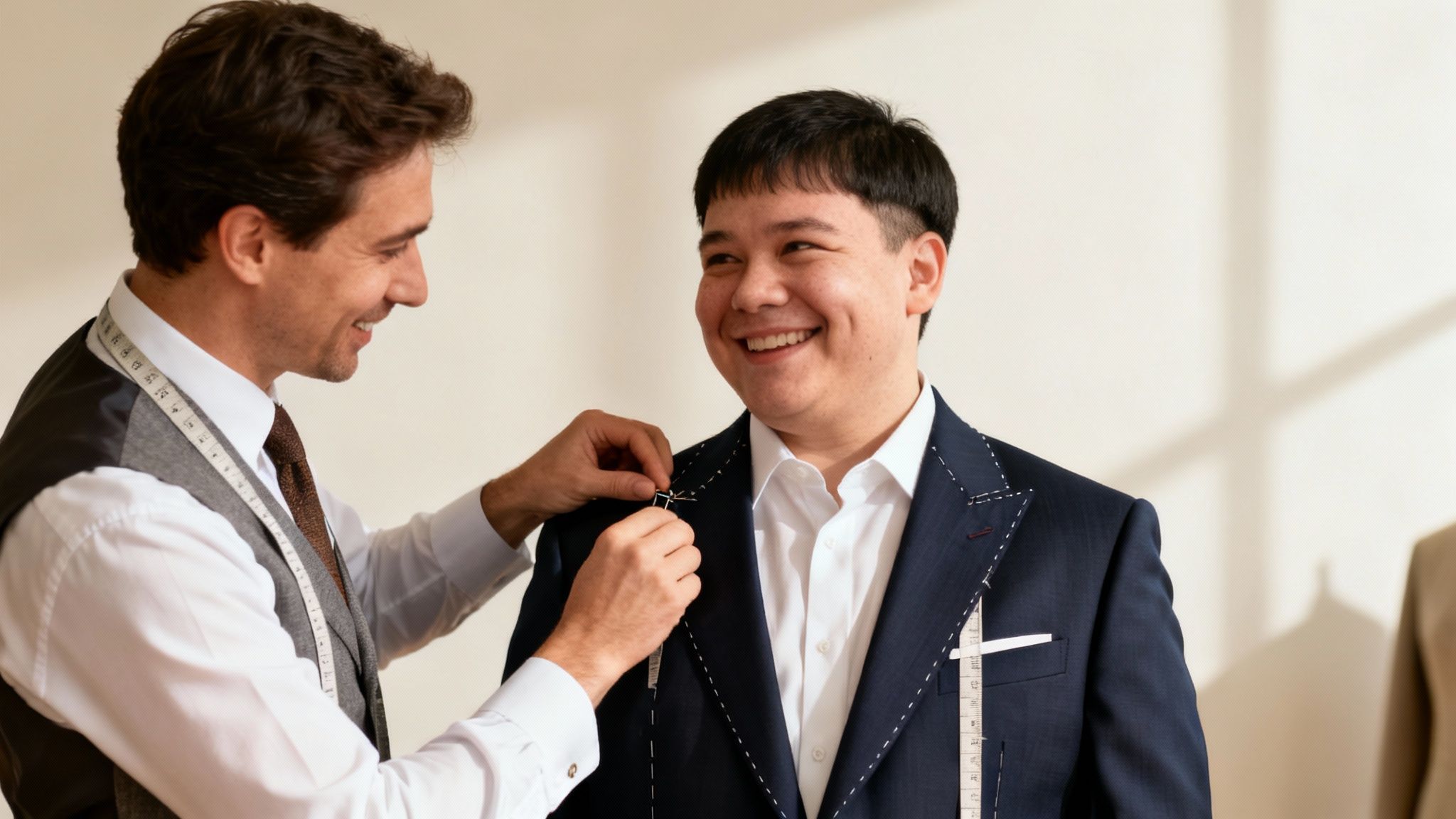 A smiling tailor fits a custom dark blue suit on a happy male client, marked with basting stitches.