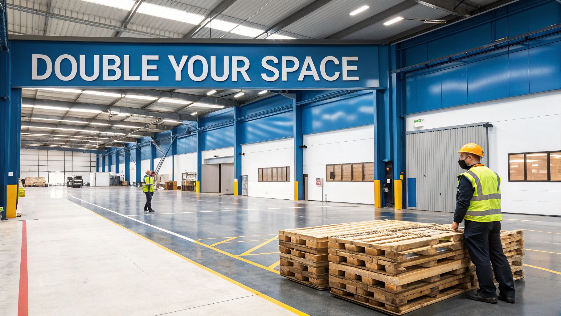 Workers in a clean, expansive industrial warehouse featuring a large 'DOUBLE YOUR SPACE' sign and stacked pallets.