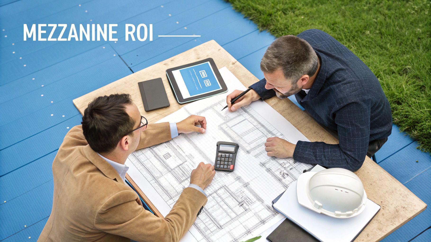 Two construction professionals review blueprints for warehouse mezzanine flooring with a calculator and tablet outdoors.
