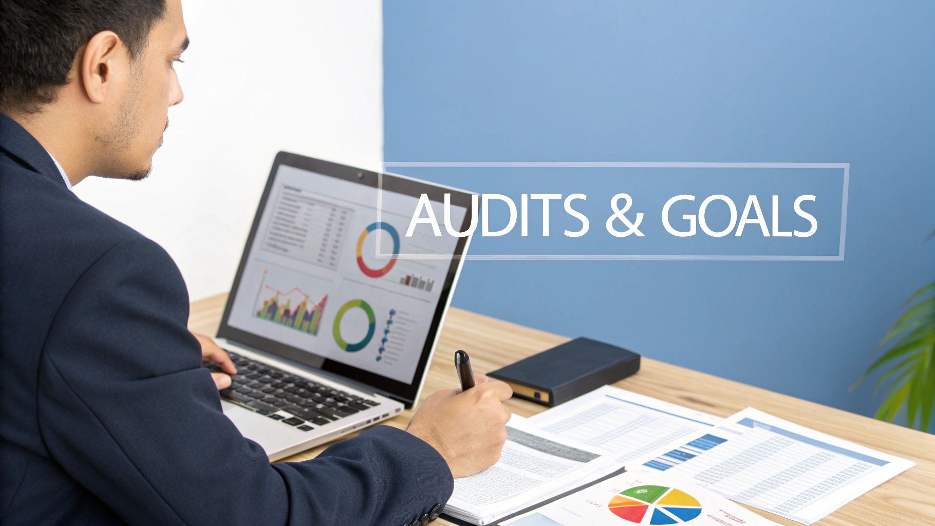 A man in a suit analyzes data on a laptop and documents, with 'AUDITS & GOALS' overlay.