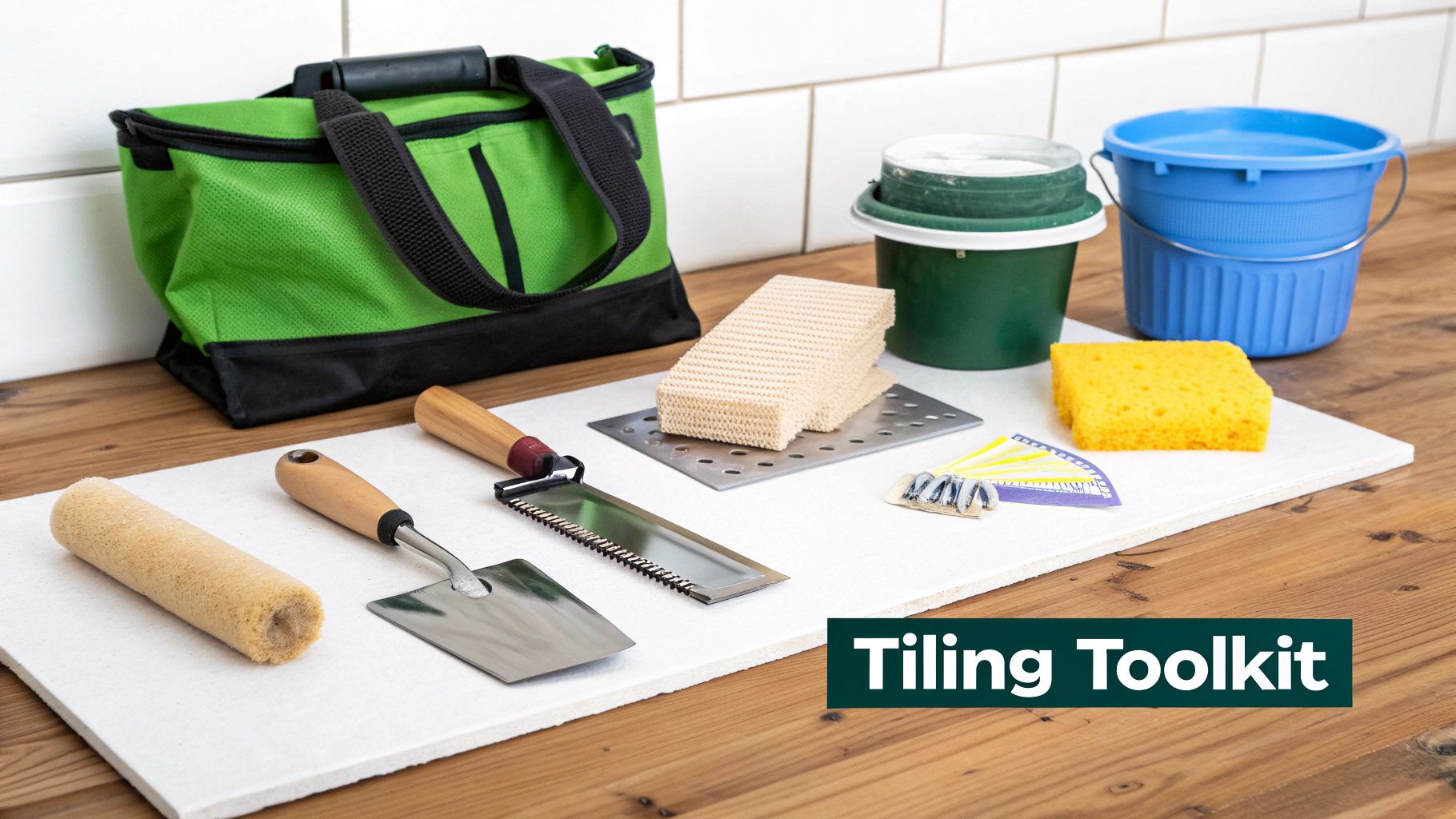 A collection of tiling tools including a trowel, level, and tape measure laid out on a wooden surface.