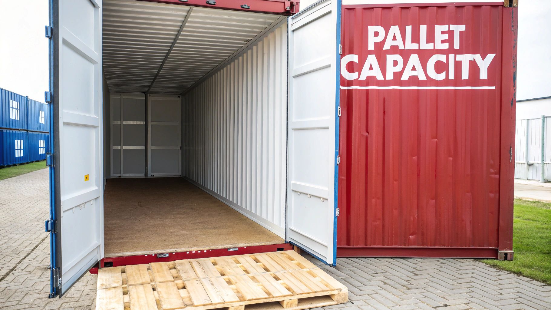 Empty red shipping container with 'PALLET CAPACITY' text, open for loading with a wooden pallet.