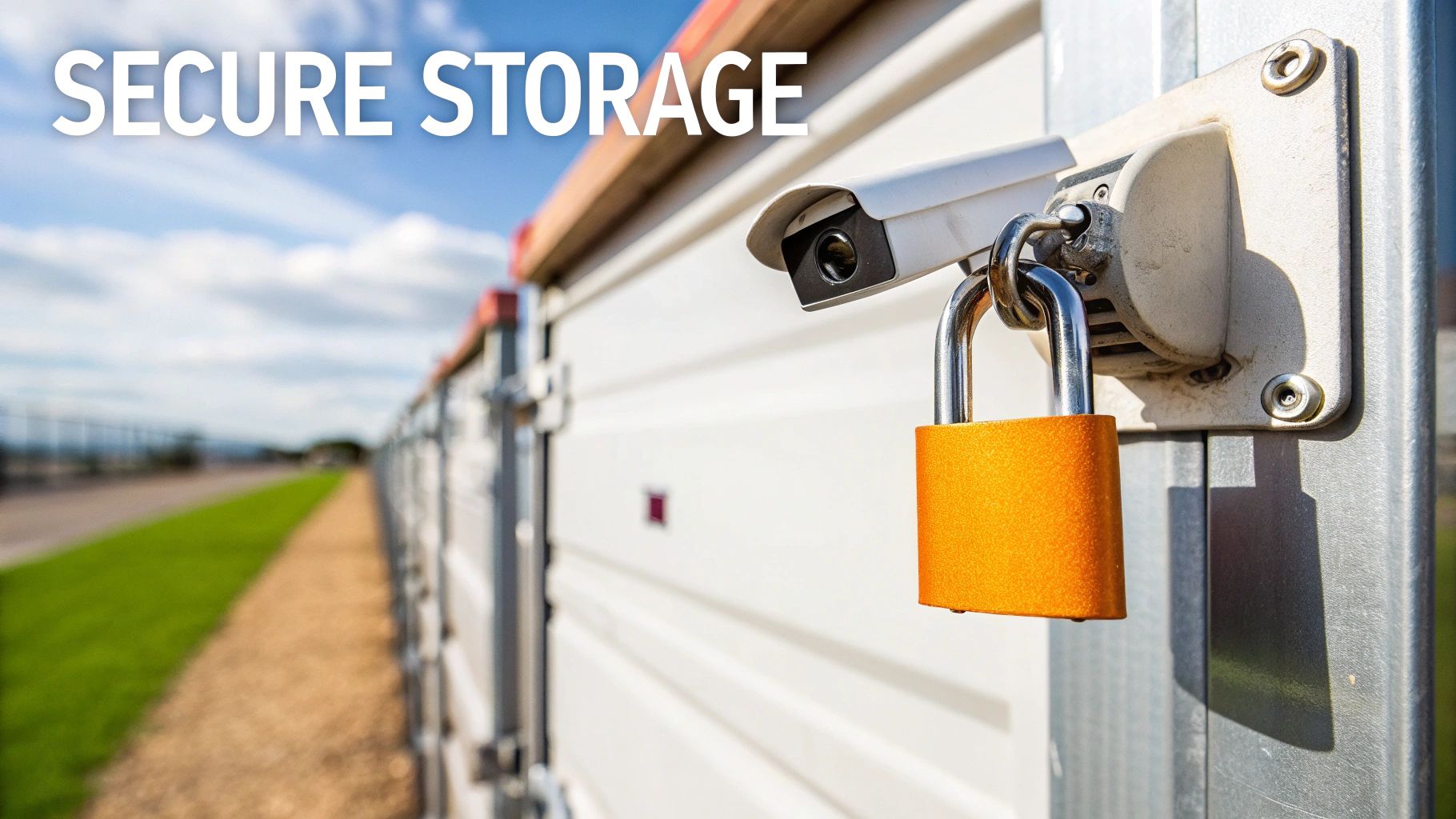 A secure storage container with a padlock in an outdoor facility