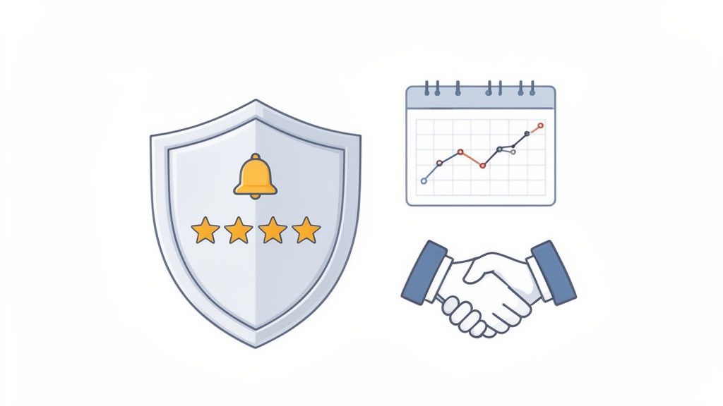Illustration of a shield with stars, a calendar with a graph, and two hands shaking.