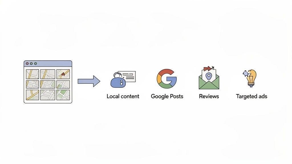 Diagram showing local map data transforming into local content, Google Posts, customer reviews, and targeted ads.
