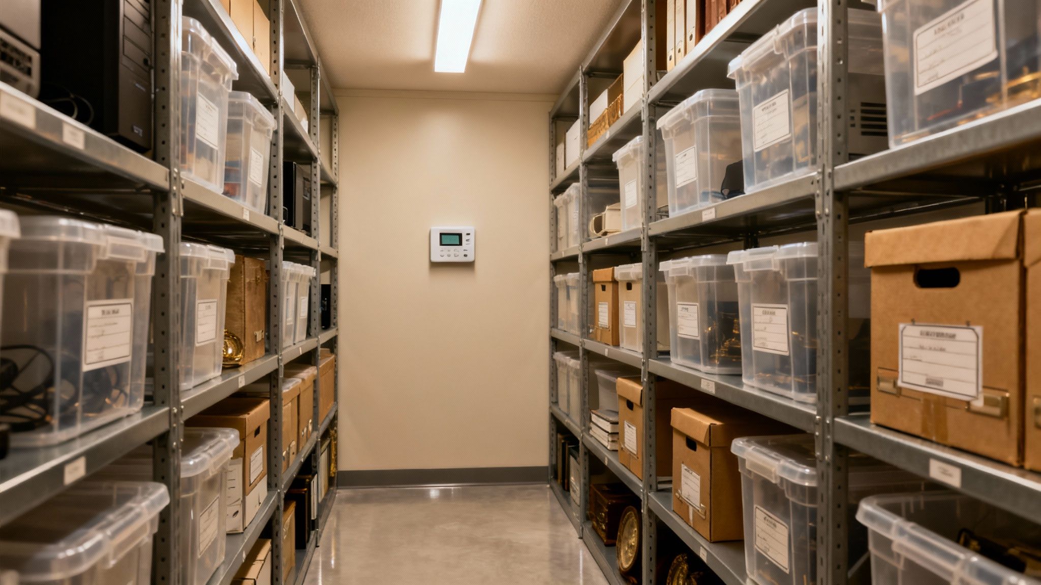 Neat rows of clear plastic bins and brown boxes on metal shelving in a storage facility.
