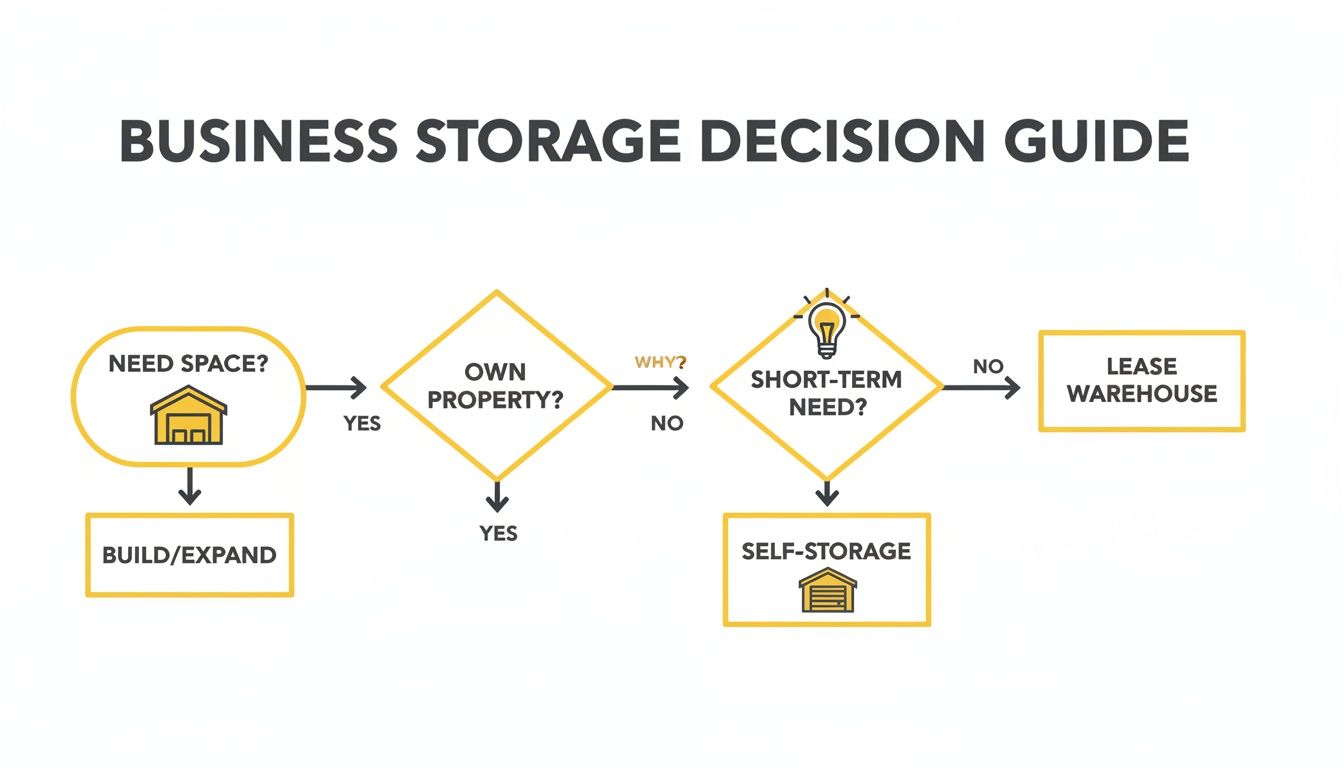 Flowchart illustrating a business storage decision guide, including options like building, self-storage, and leasing.