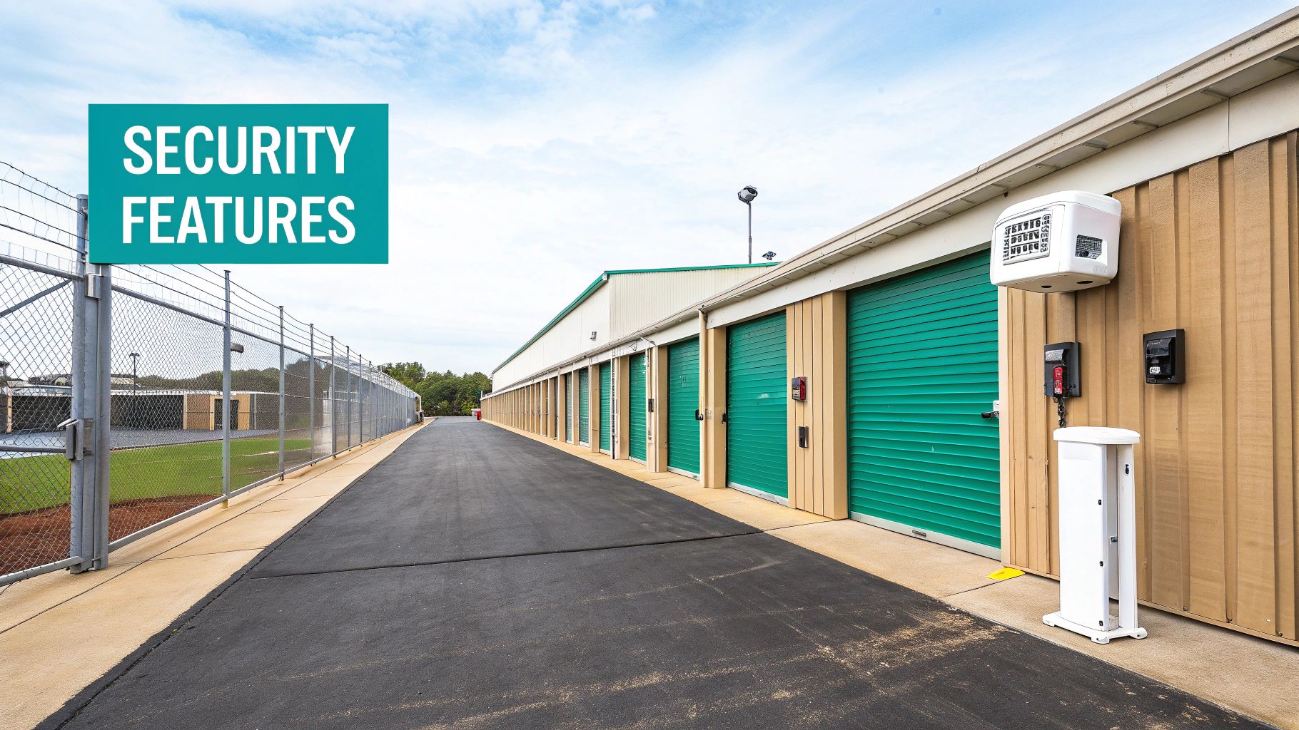 Secure self storage facility with teal roll-up doors, perimeter fencing, and surveillance cameras