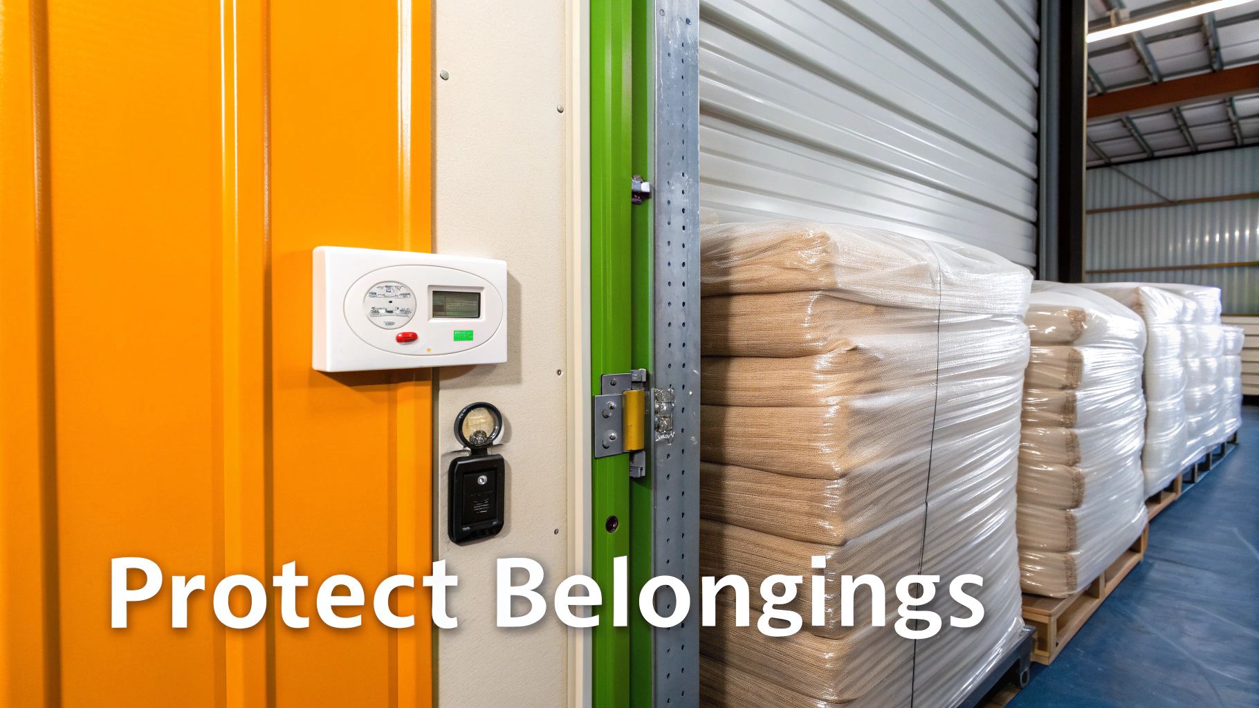 A self-storage unit with an orange door, security keypad, and pallets of items wrapped in plastic.