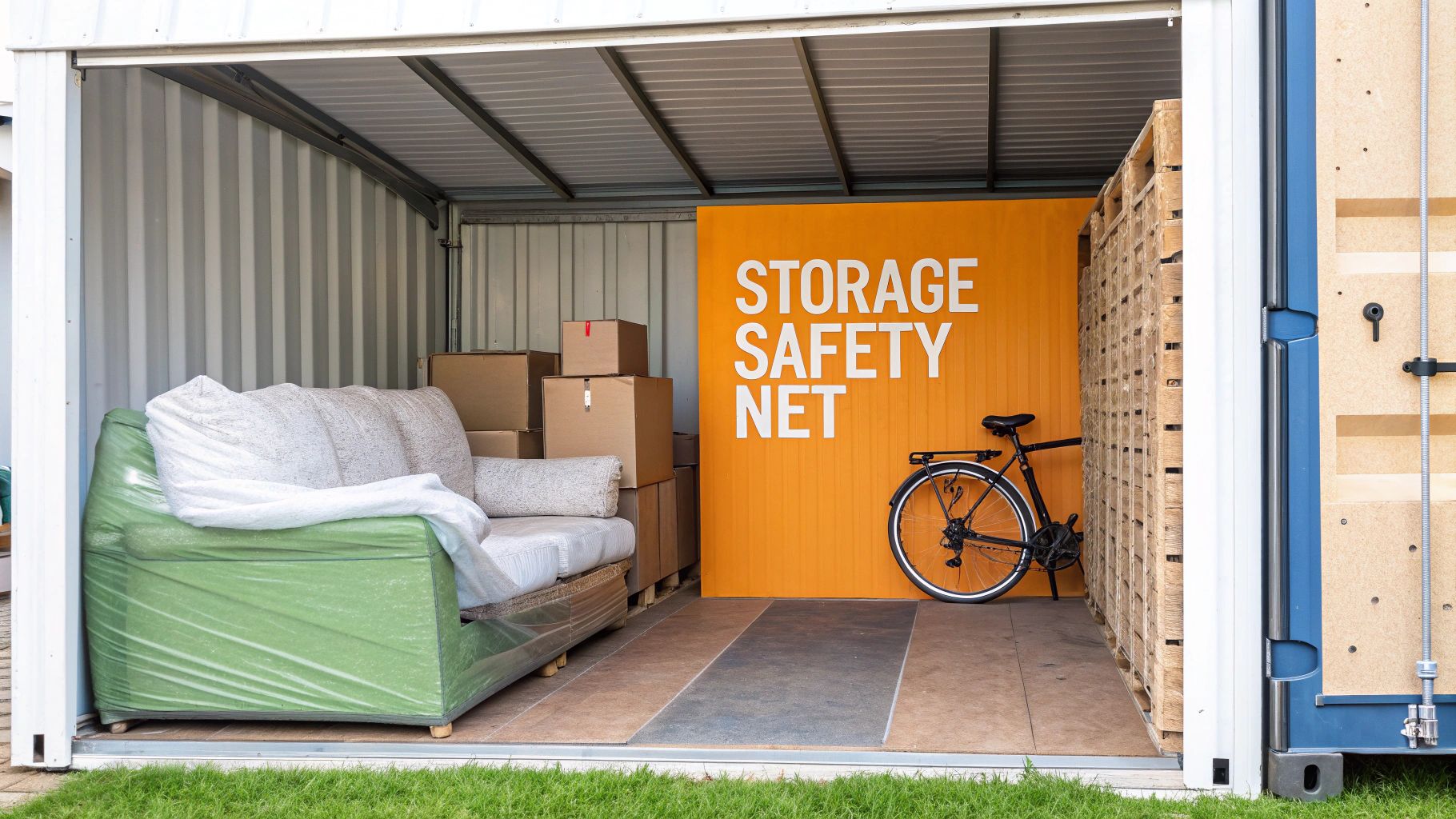 Inside a storage unit with a wrapped sofa, cardboard boxes, a bicycle, and a 'STORAGE SAFETY NET' sign.