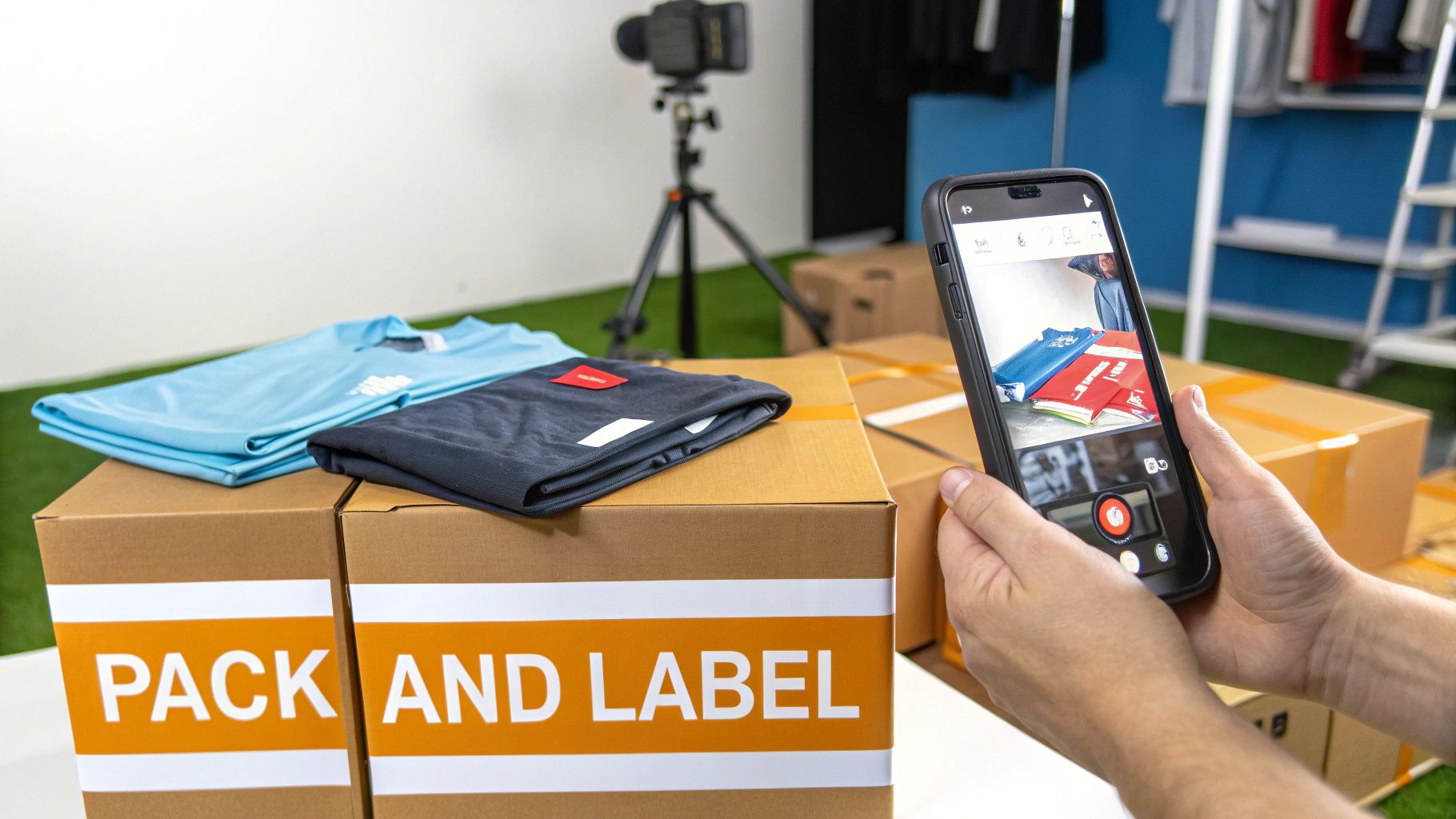 Hands holding a smartphone taking a picture of items, with folded clothes and 'PACK AND LABEL' boxes.