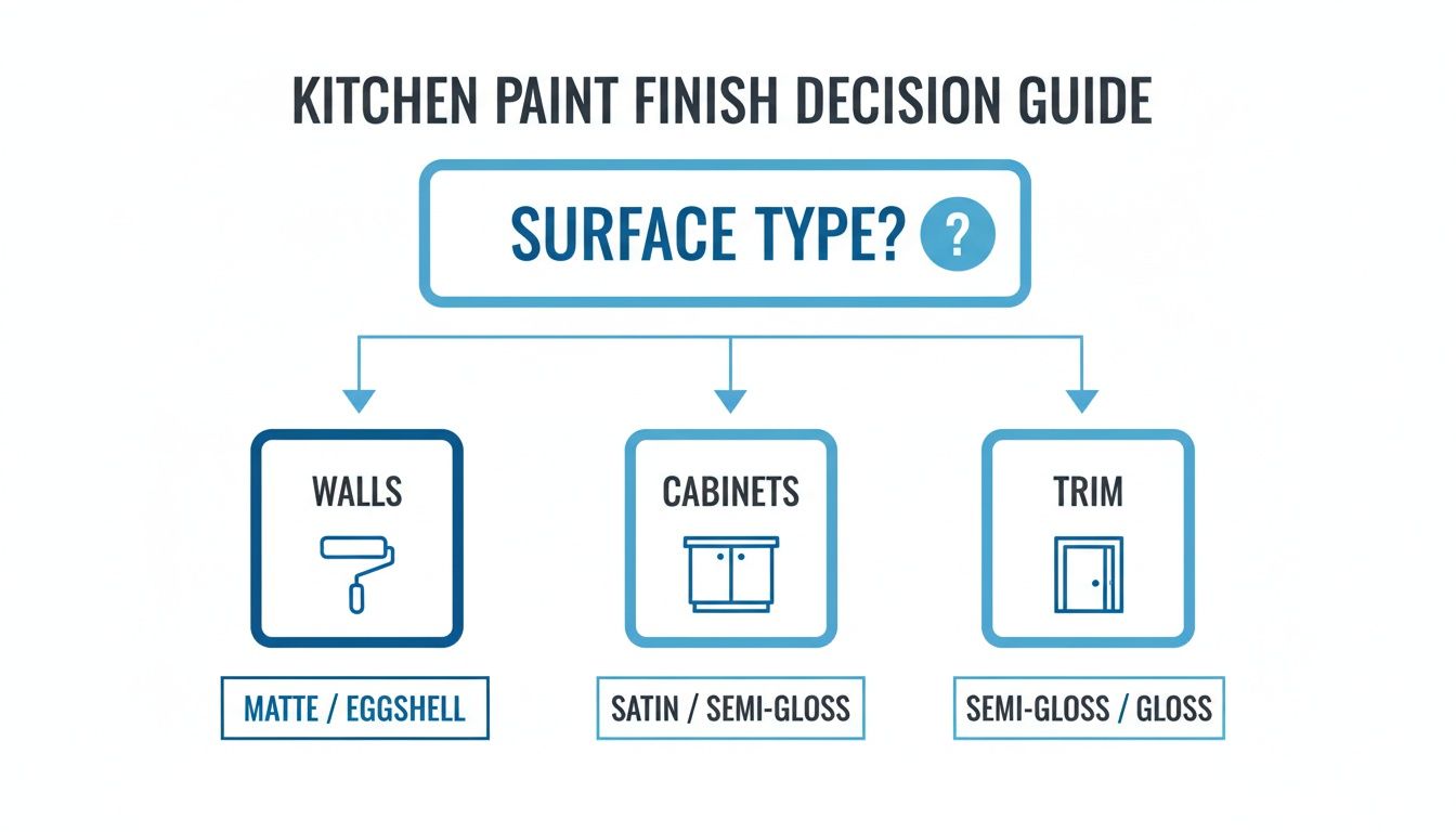 Kitchen paint finish guide showing recommended paint types for walls, cabinets, and trim surfaces.