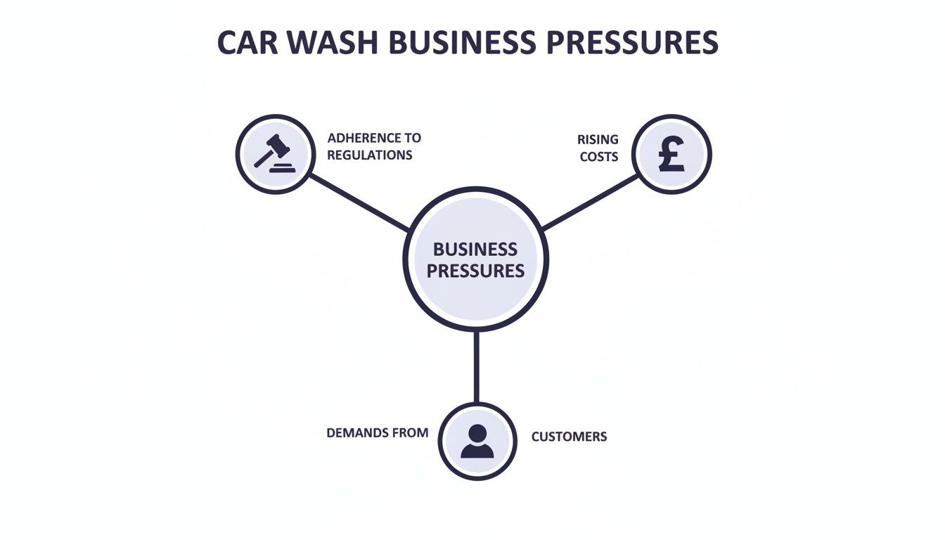 Diagram illustrating car wash business pressures, including regulations, rising costs, and customer demands.