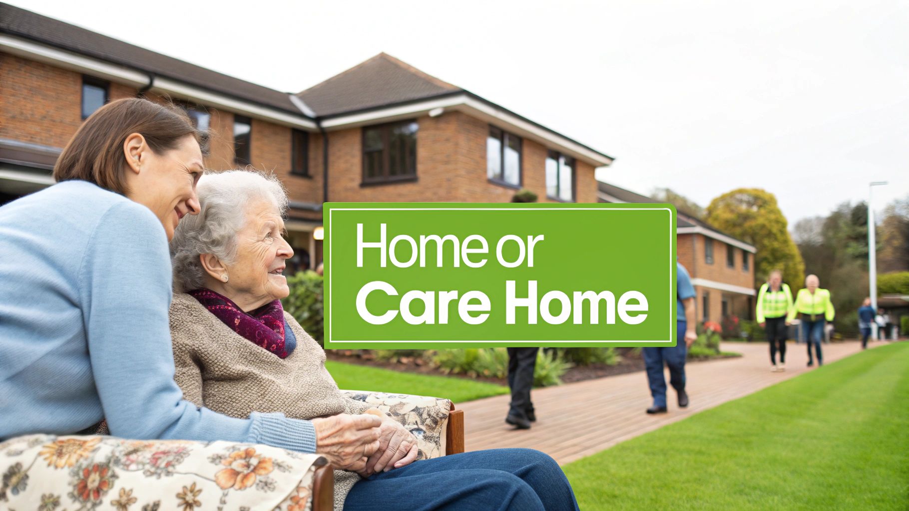 A younger woman smiles with an elderly woman in a care home garden, discussing options.
