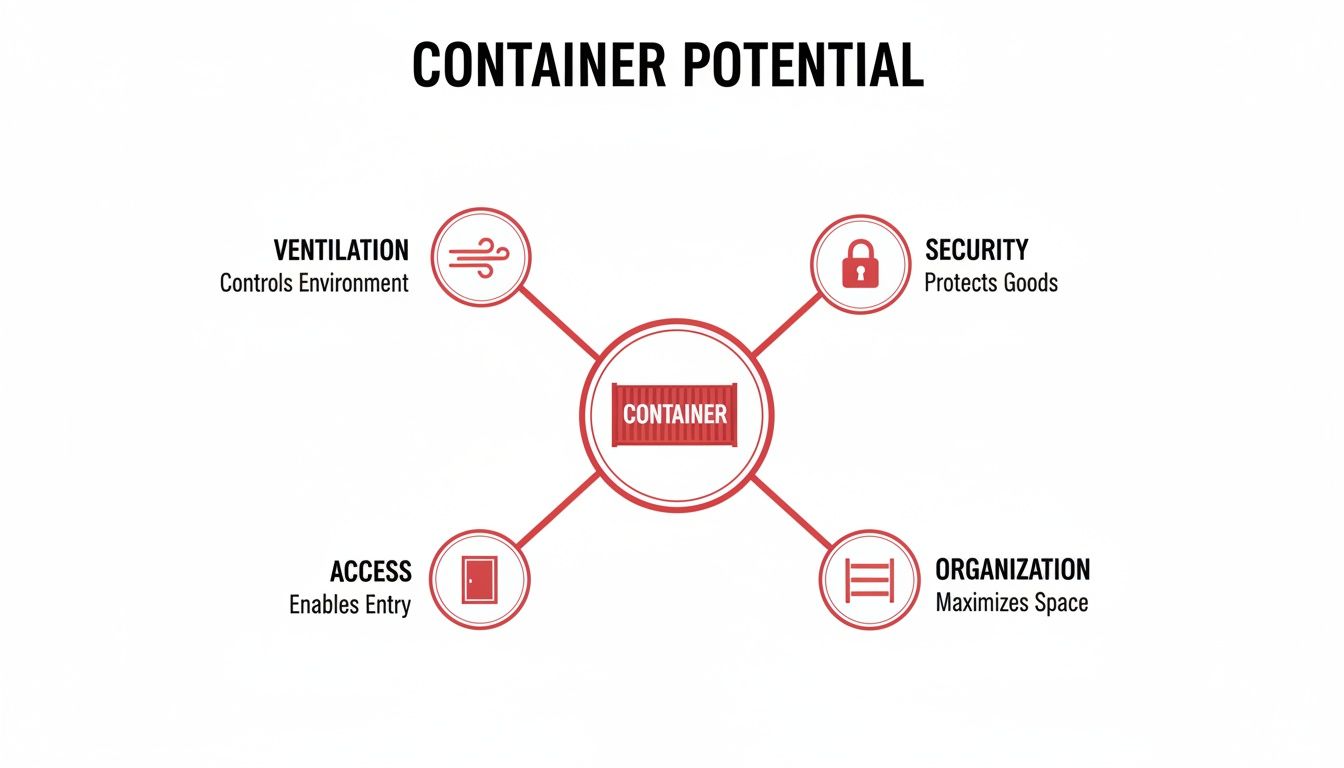 Diagram illustrating container potential, highlighting ventilation, security, access, and organization benefits.