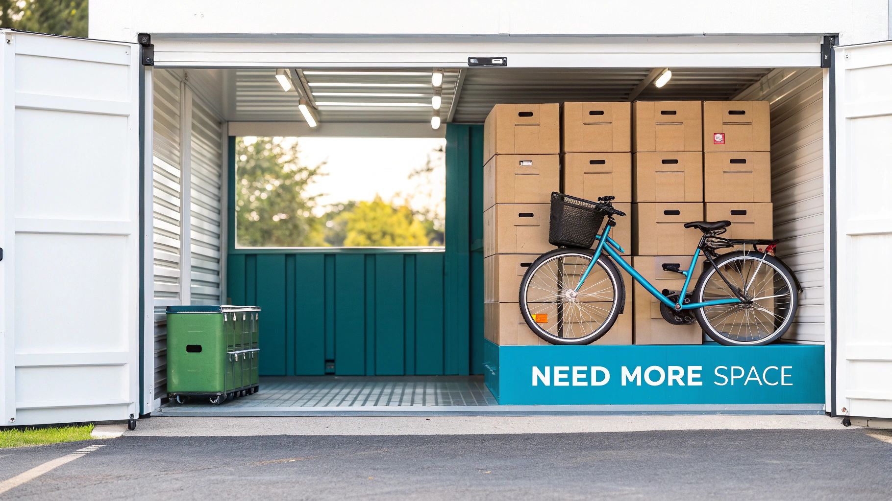 An open self-storage unit containing stacked boxes, a blue bicycle, and a green cart.