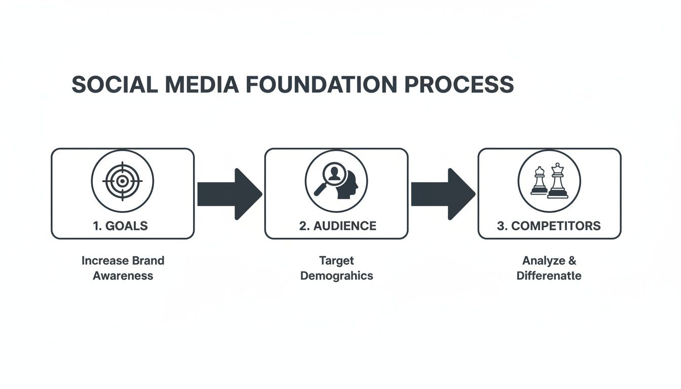 Flowchart illustrating the social media foundation process with key steps: goals, audience, and competitors.