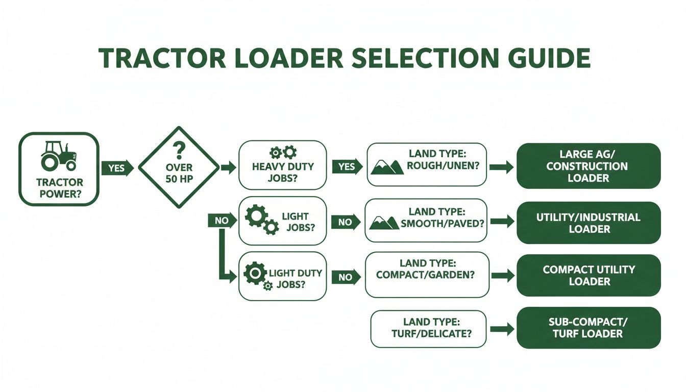 A flowchart guiding tractor loader selection based on power, job type, and land conditions.