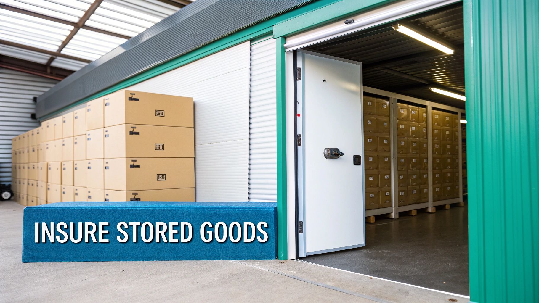 A self-storage unit with its door open, showing stacks of cardboard boxes inside and outside, next to a sign 'INSURE STORED GOODS'.