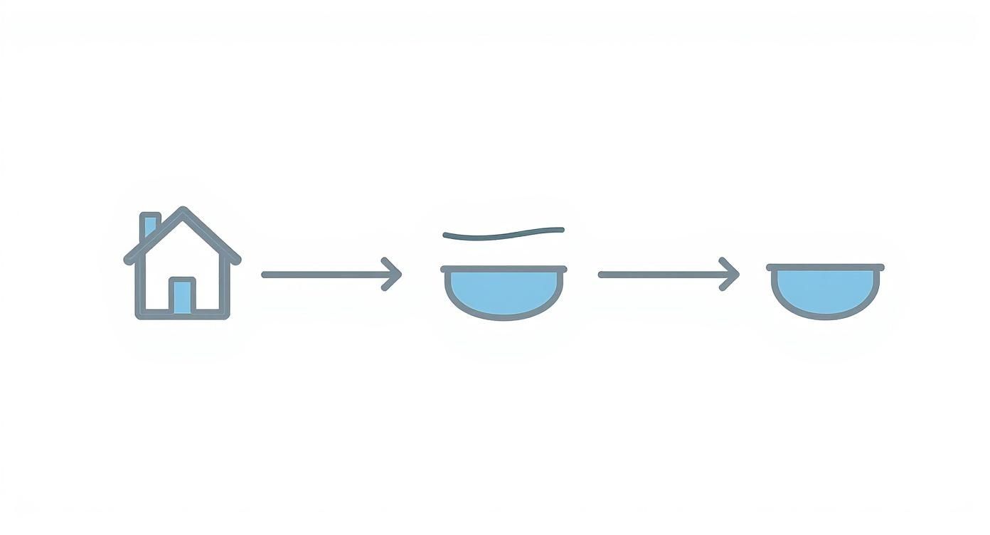 An infographic showing the process of creating a gutter slope, starting from the high point, using a string line as a guide, and ending at the low point where the downpipe is located.