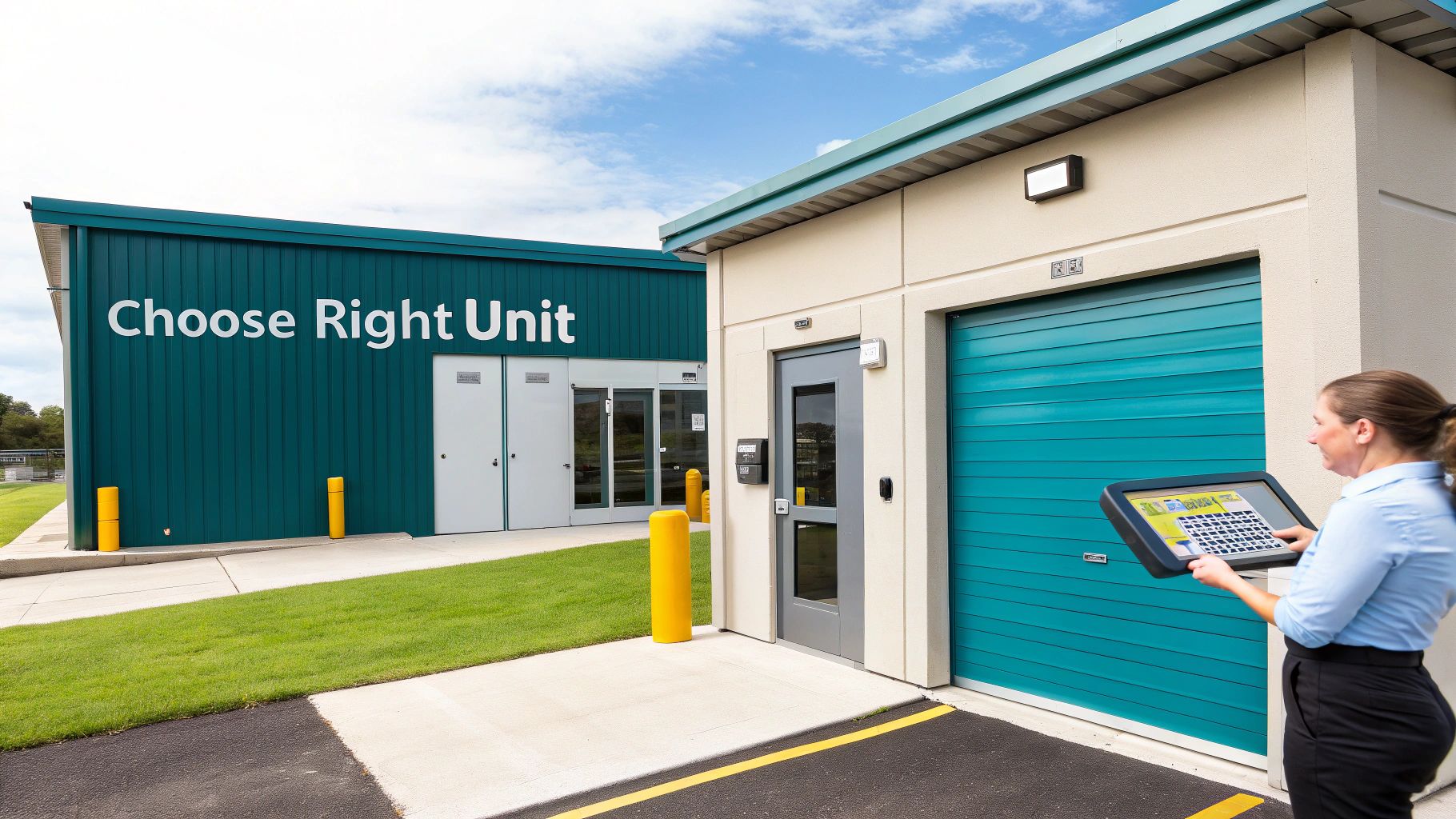 A woman uses a tablet at a modern self-storage facility with green and beige buildings.
