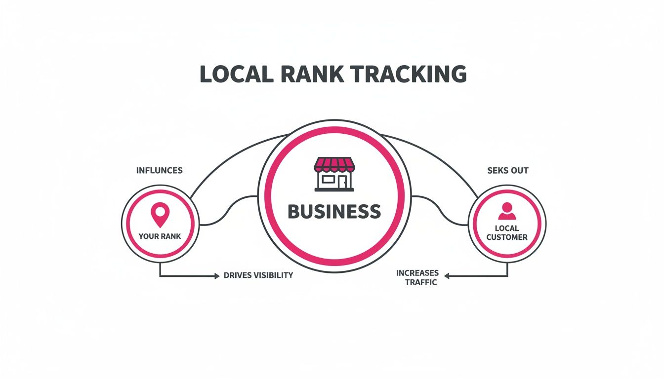 Diagram illustrating local rank tracking, showing how your rank influences business visibility and drives local customer traffic.