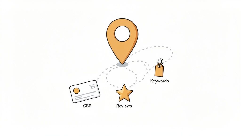 A location pin connected to a card with GBP, a star for reviews, and a tag for keywords, illustrating factors for ranking.