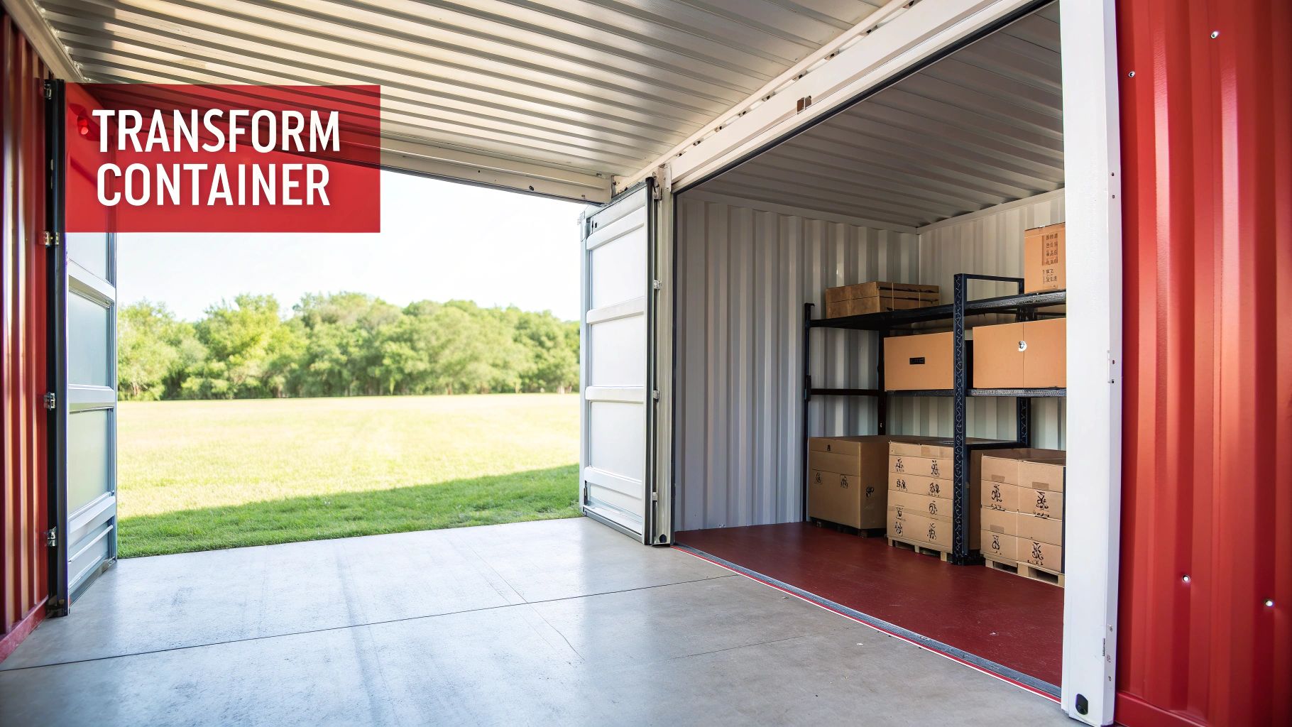 A red shipping container converted into a storage unit, with shelves full of boxes, overlooking a green field.