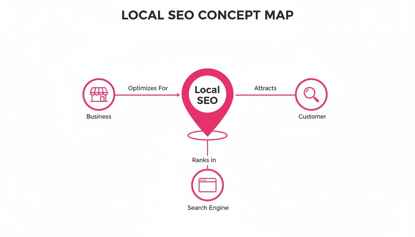 A concept map showing Local SEO optimizes for business, attracts customers, and ranks in search engines.