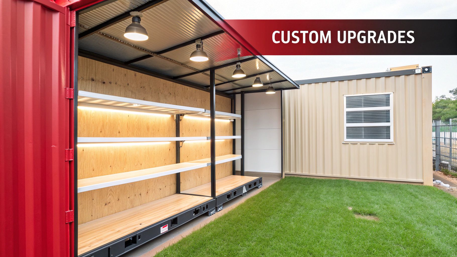 A securely locked storage container with added shelving inside, showing practical customisations.