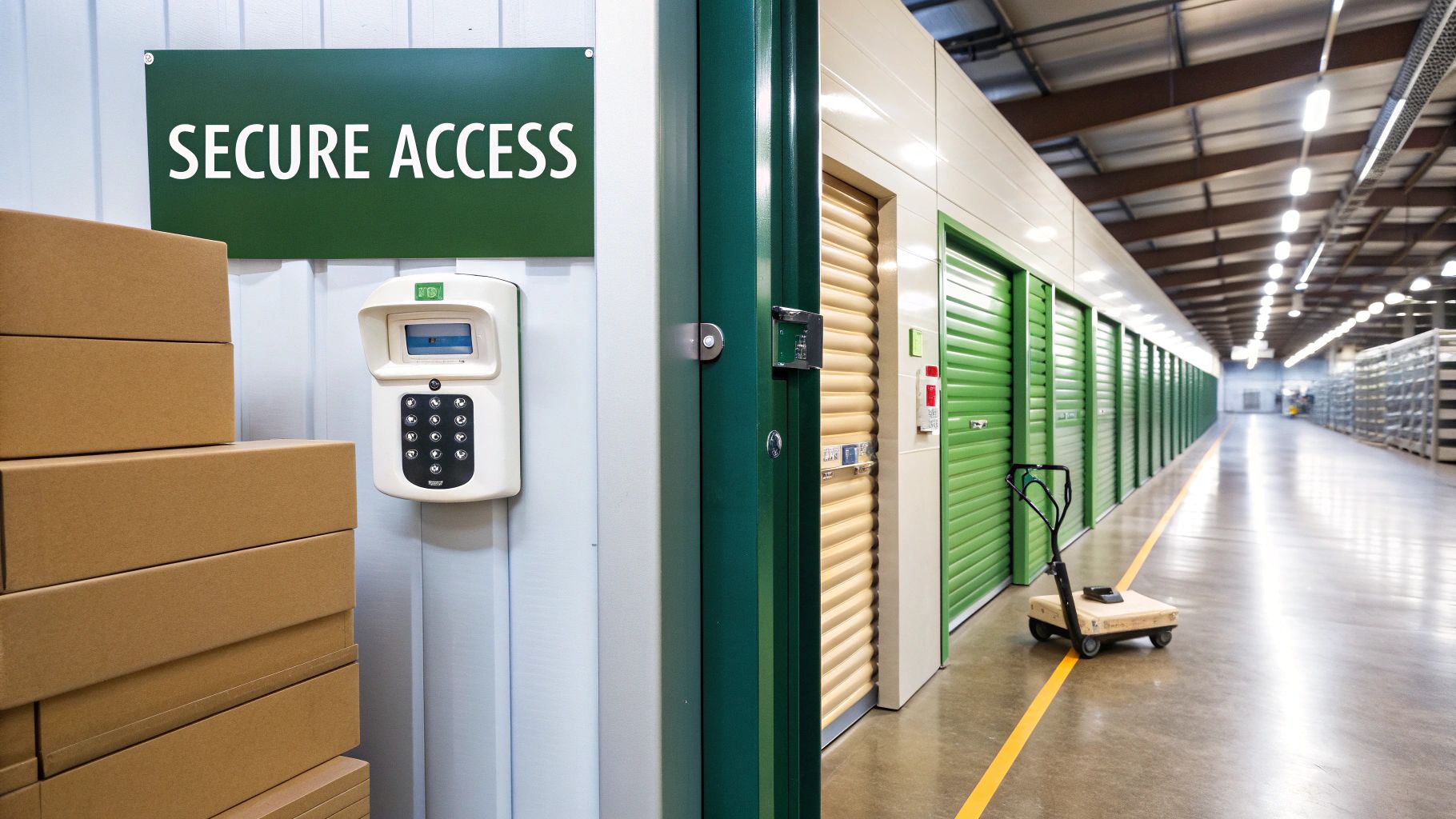 Security camera monitoring a storage unit facility